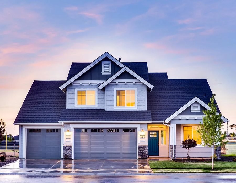 Two-storey house exterior at dusk